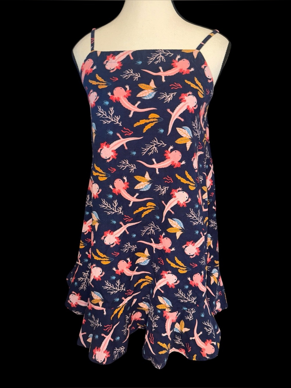 Attic Salt Dress Mini Novelty Print Axolotl Animal Linen Cotton Sundress SZ SM